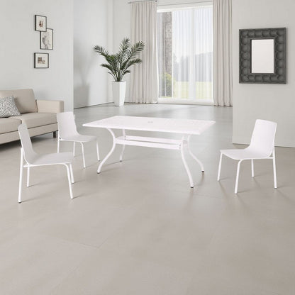 Toni Table, 67 Inch Rectangular Lattice Top, Saber Legs, White Aluminium