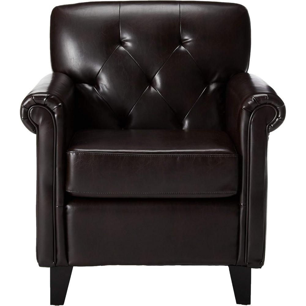 Accent Club Chair, 40 Inch, Tufted Back, Full-Padded Brown Faux Leather