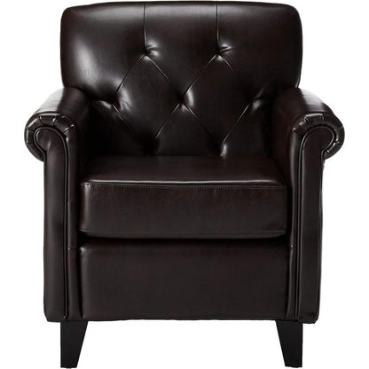 Accent Club Chair, 40 Inch, Tufted Back, Full-Padded Brown Faux Leather