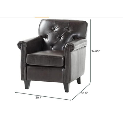 Accent Club Chair, 40 Inch, Tufted Back, Full-Padded Brown Faux Leather
