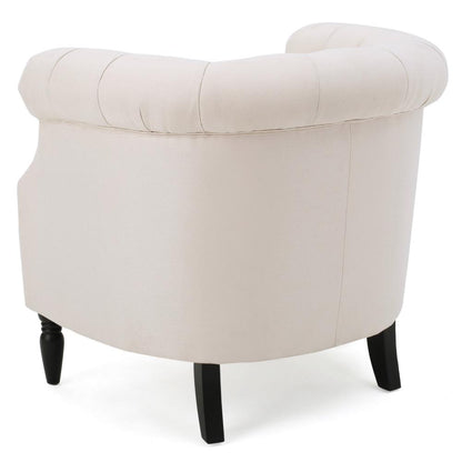 37 Inch Accent Club Chair, High Tufted Back, Studded Arms, Beige Fabric