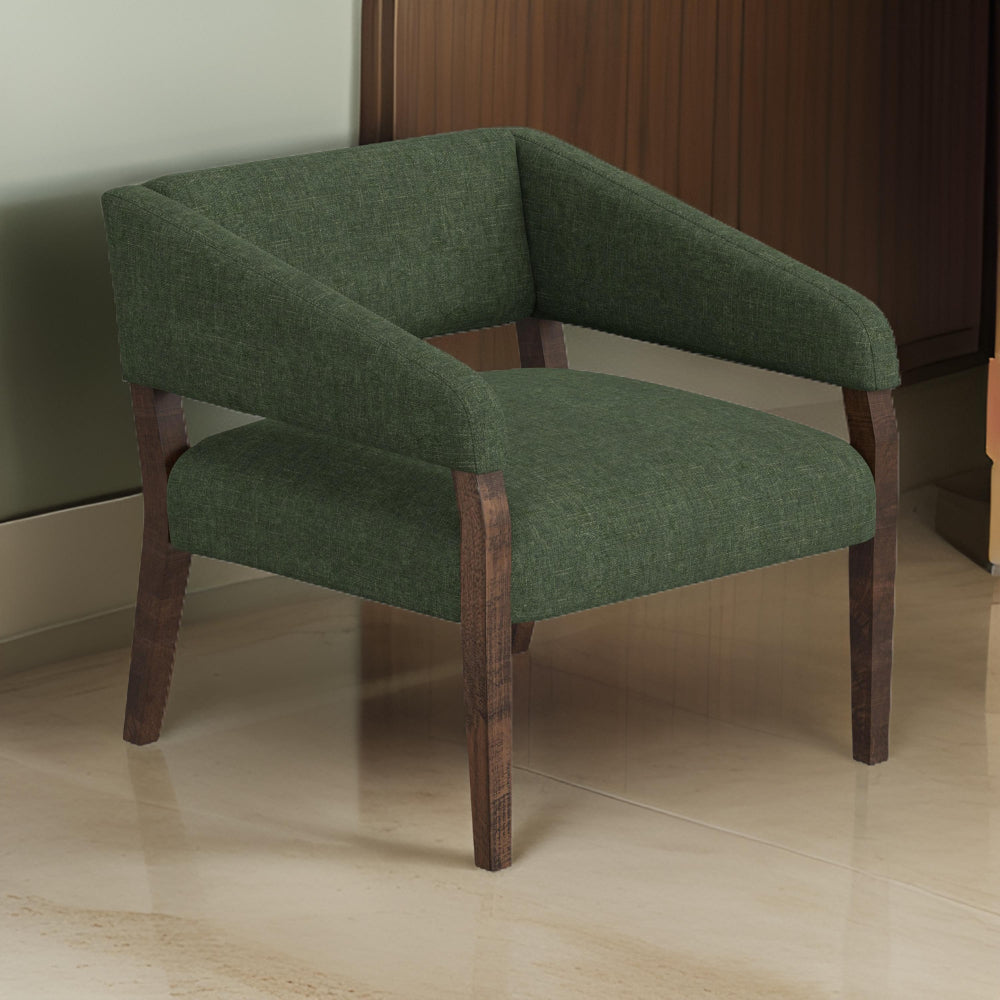 Merry Accent Chair, Olive Green Polyester, Foam, Brown Solid Pine Wood