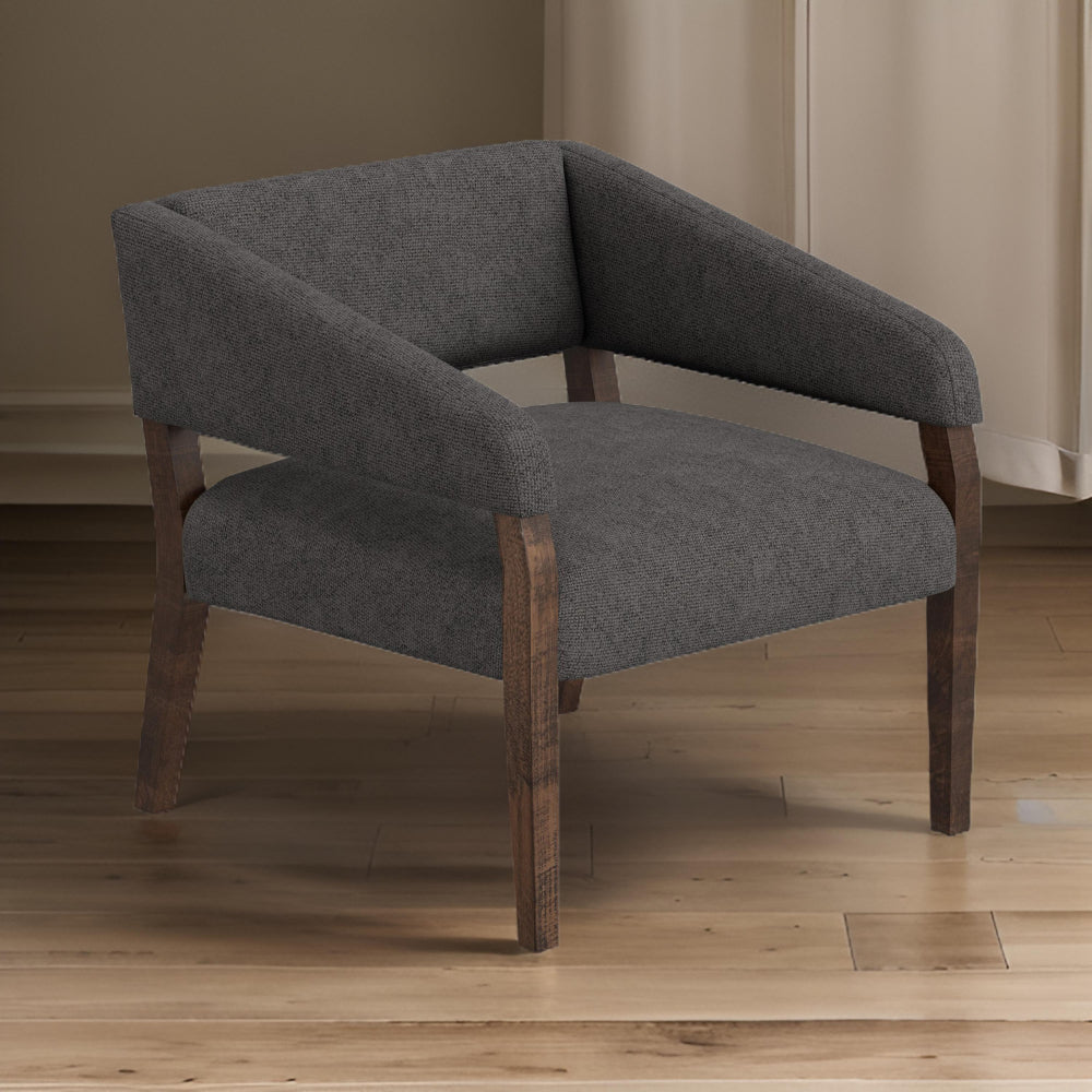 Merry Accent Chair, Iron Gray Polyester, Plush Foam, Brown Solid Pine Wood