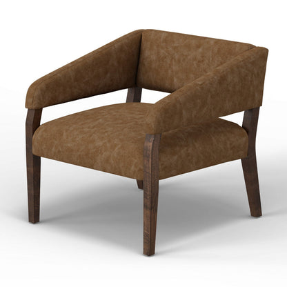Merry Accent Chair, Cognac Brown Faux Leather, Foam, Brown Solid Pine Wood