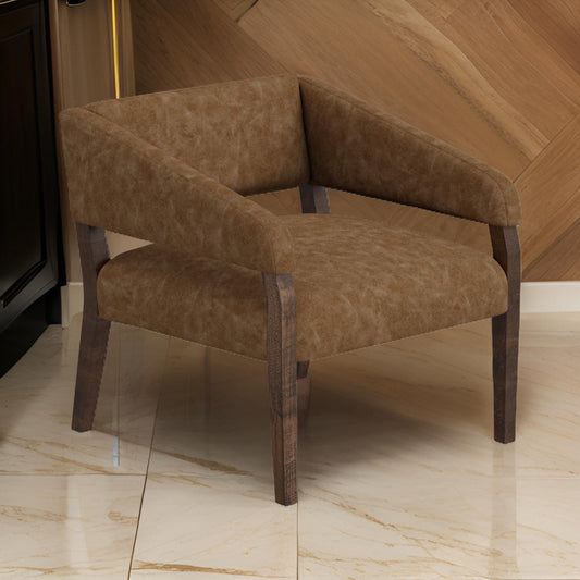 Merry Accent Chair, Cognac Brown Faux Leather, Foam, Brown Solid Pine Wood
