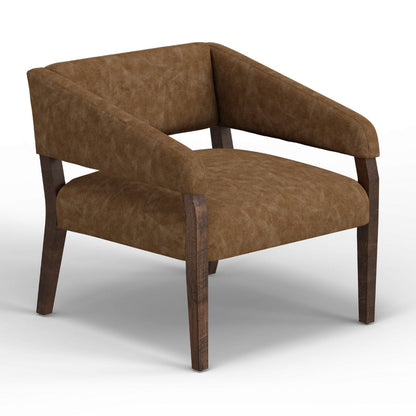 Merry Accent Chair, Cognac Brown Faux Leather, Foam, Brown Solid Pine Wood