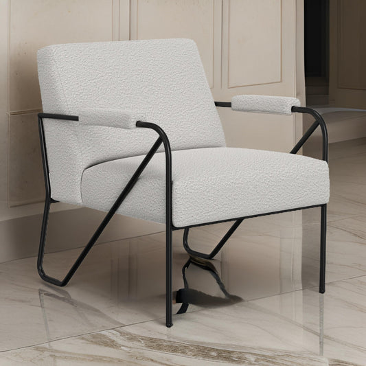 Levy Accent Chair, Ivory Polyester, Soft Plush Foam, Black Metal Legs, Arms