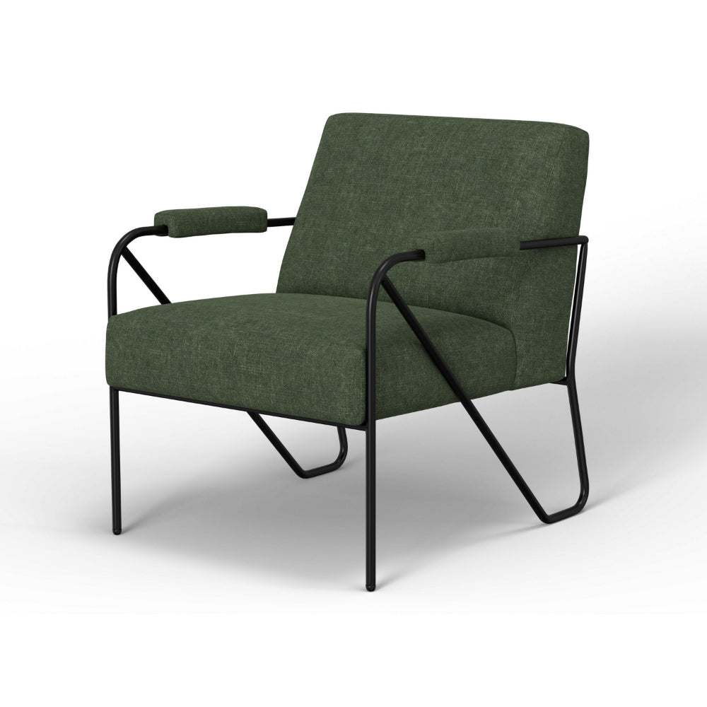 Levy Accent Chair, Olive Green Polyester, Soft Plush Foam, Black Metal
