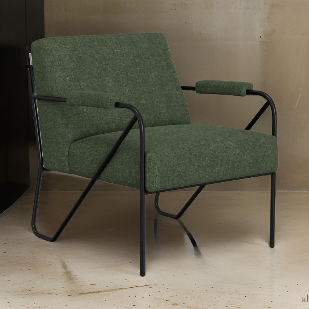 Levy Accent Chair, Olive Green Polyester, Soft Plush Foam, Black Metal