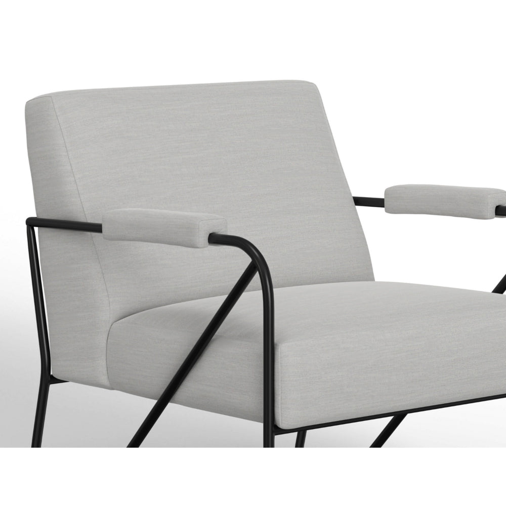 Levy Accent Chair, White Polyester, Soft Plush Foam, Black Metal Legs, Arms