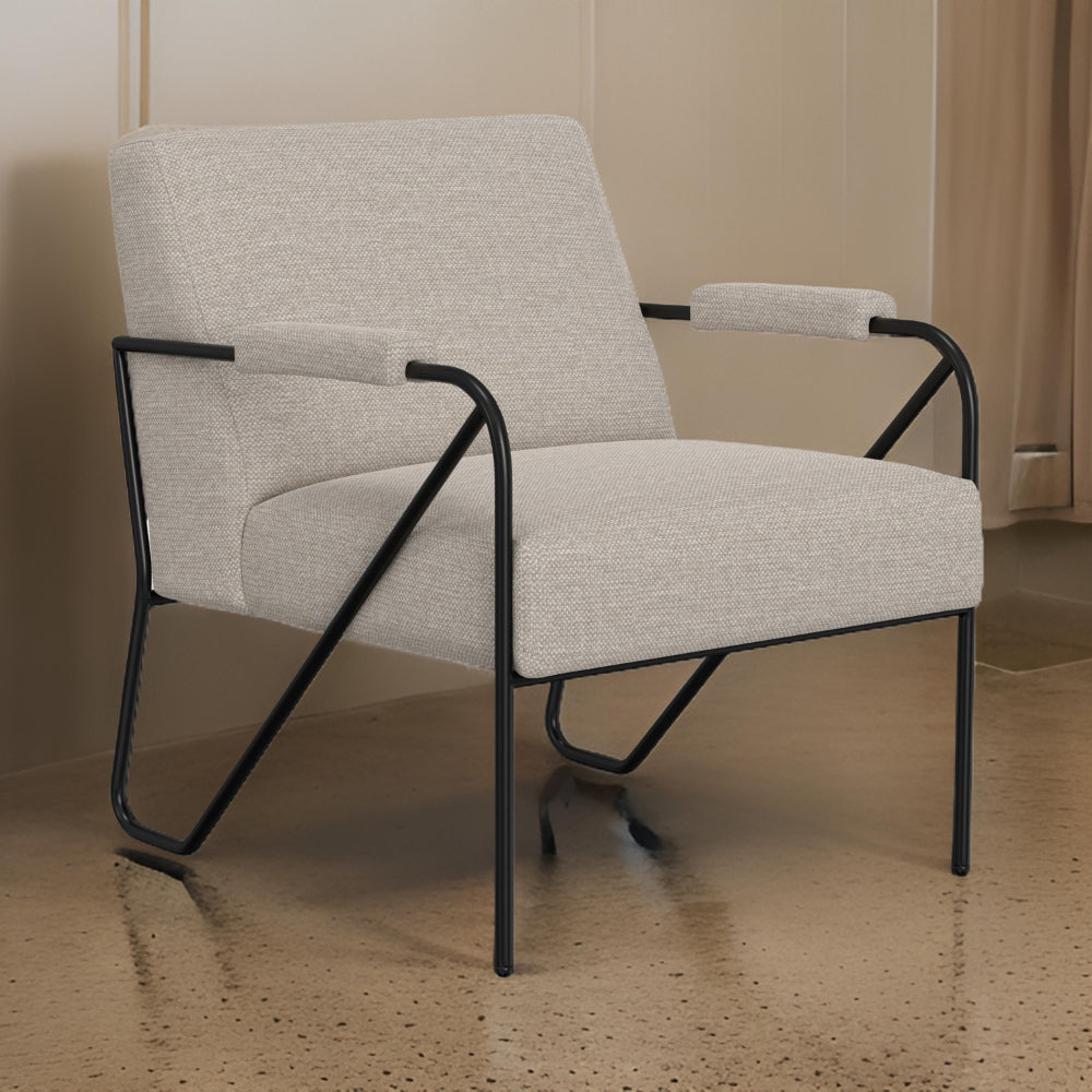 Levy Accent Chair, Beige Polyester, Soft Plush Foam, Black Metal Legs, Arms