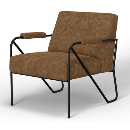 Levy Accent Chair, Cognac Brown Faux Leather, Soft Plush Foam, Black Metal
