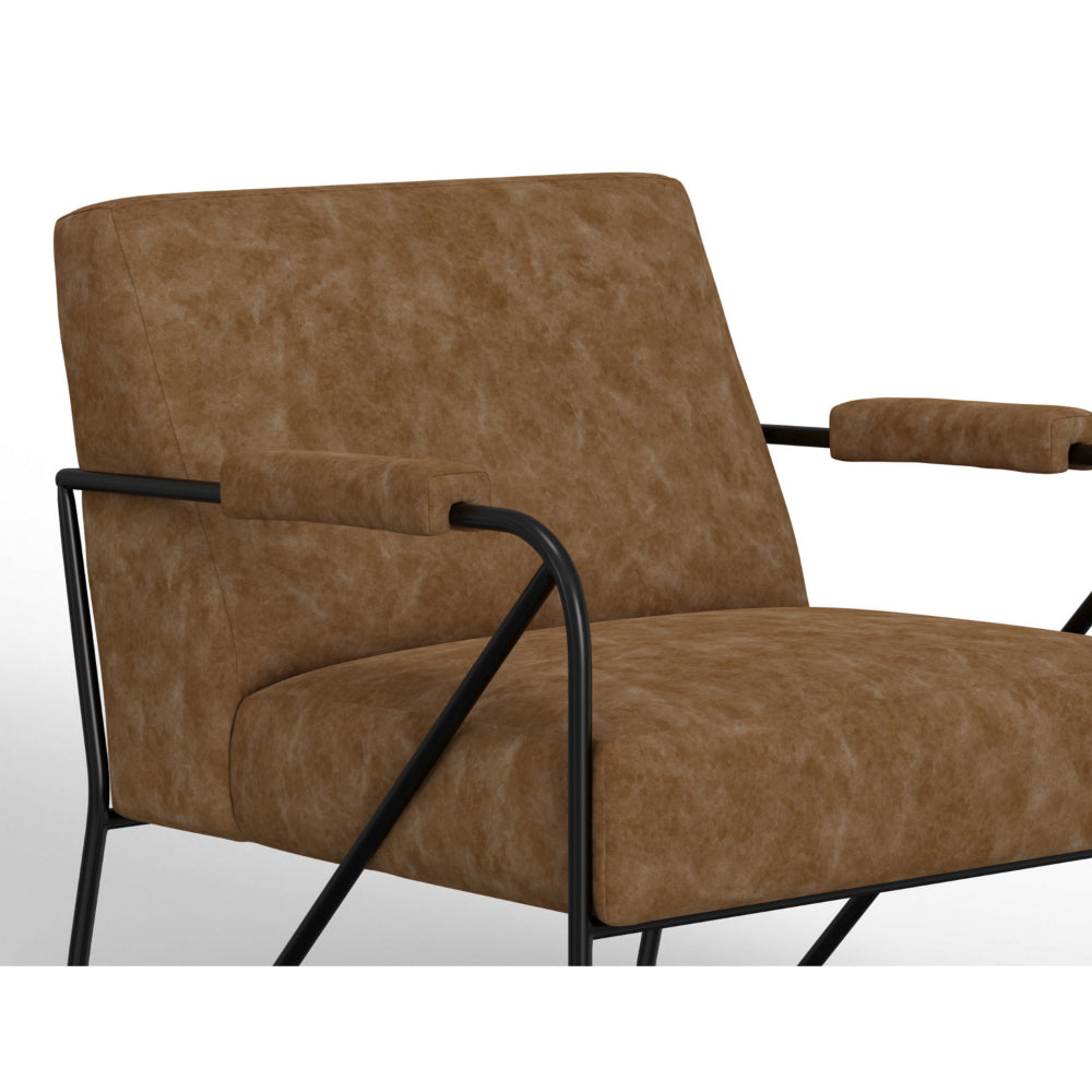Levy Accent Chair, Cognac Brown Faux Leather, Soft Plush Foam, Black Metal