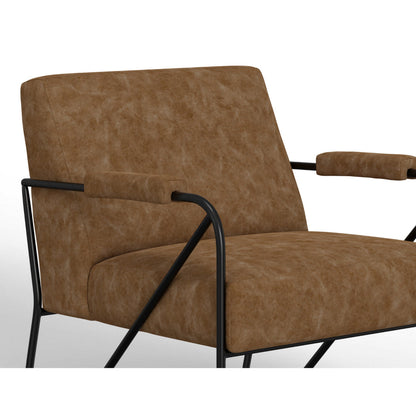 Levy Accent Chair, Cognac Brown Faux Leather, Soft Plush Foam, Black Metal
