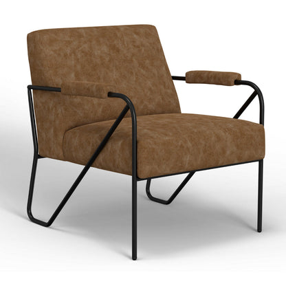 Levy Accent Chair, Cognac Brown Faux Leather, Soft Plush Foam, Black Metal