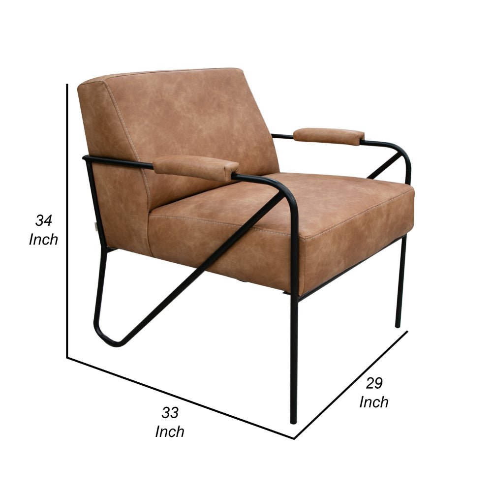 Levy Accent Chair, Cognac Brown Faux Leather, Soft Plush Foam, Black Metal