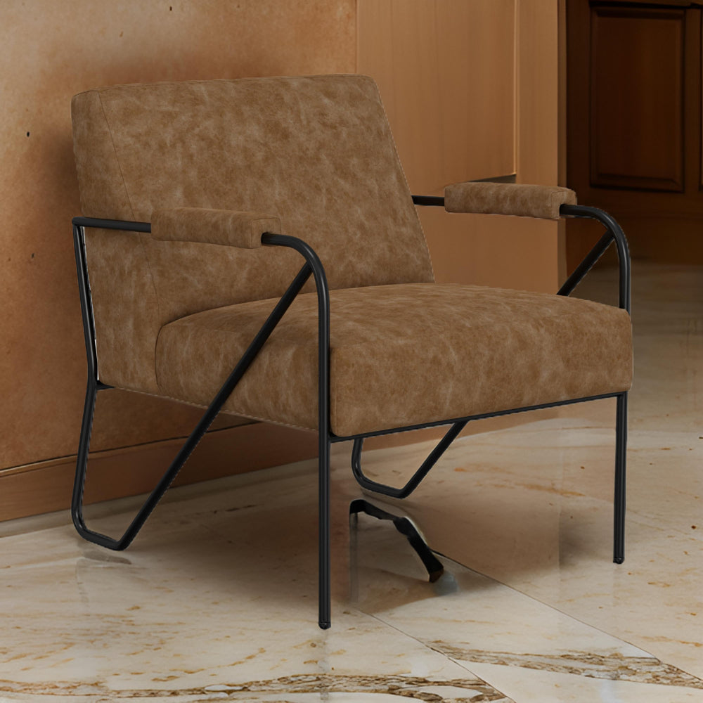 Levy Accent Chair, Cognac Brown Faux Leather, Soft Plush Foam, Black Metal