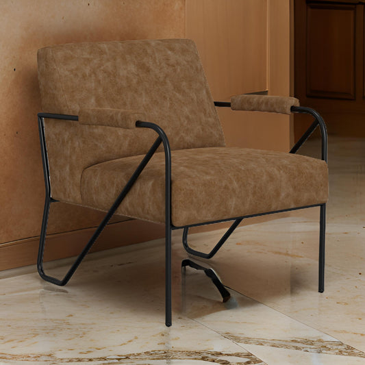 Levy Accent Chair, Cognac Brown Faux Leather, Soft Plush Foam, Black Metal