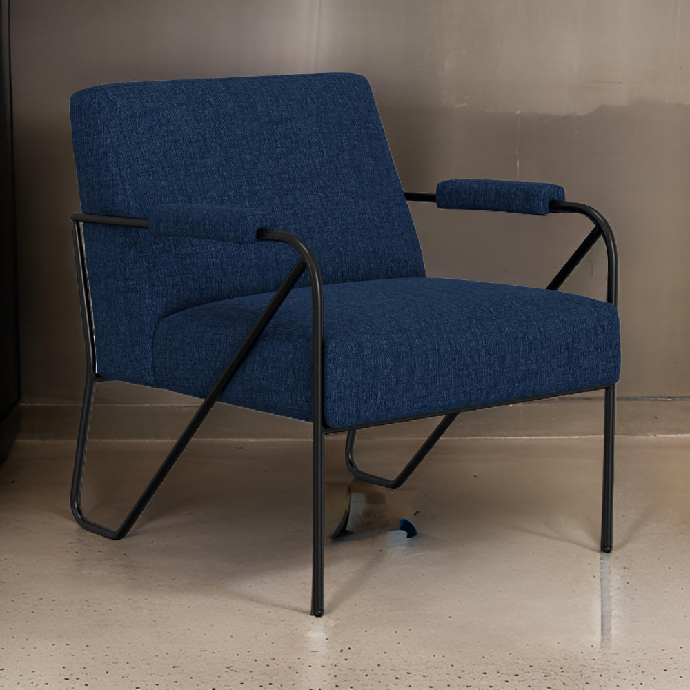 Levy Accent Chair, Navy Blue Polyester, Soft Plush Foam, Black Metal Frame
