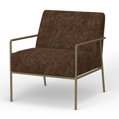 Zili Accent Chair, Chocolate Brown Faux Leather, Plush Foam, Gold Metal