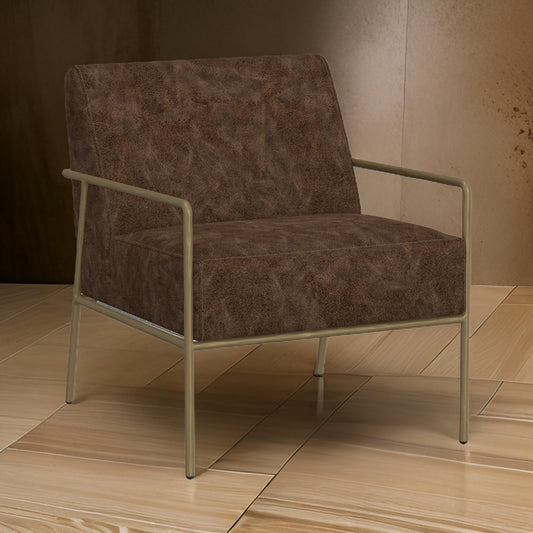 Zili Accent Chair, Chocolate Brown Faux Leather, Plush Foam, Gold Metal
