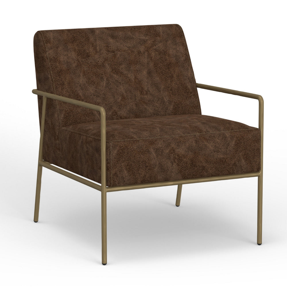 Zili Accent Chair, Chocolate Brown Faux Leather, Plush Foam, Gold Metal