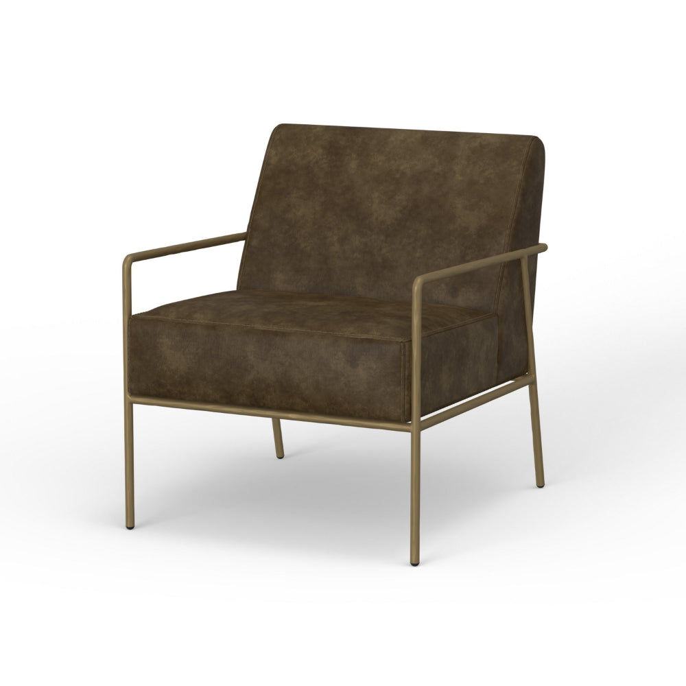 Zili Accent Chair, Brown Faux Leather, Plush Foam, Sleek Gold Metal Finish