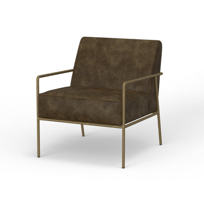 Zili Accent Chair, Brown Faux Leather, Plush Foam, Sleek Gold Metal Finish