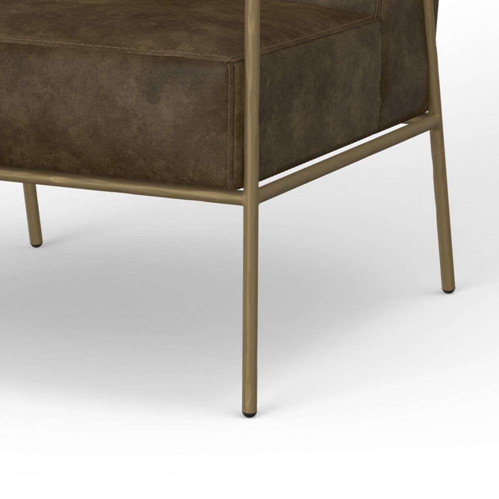 Zili Accent Chair, Brown Faux Leather, Plush Foam, Sleek Gold Metal Finish