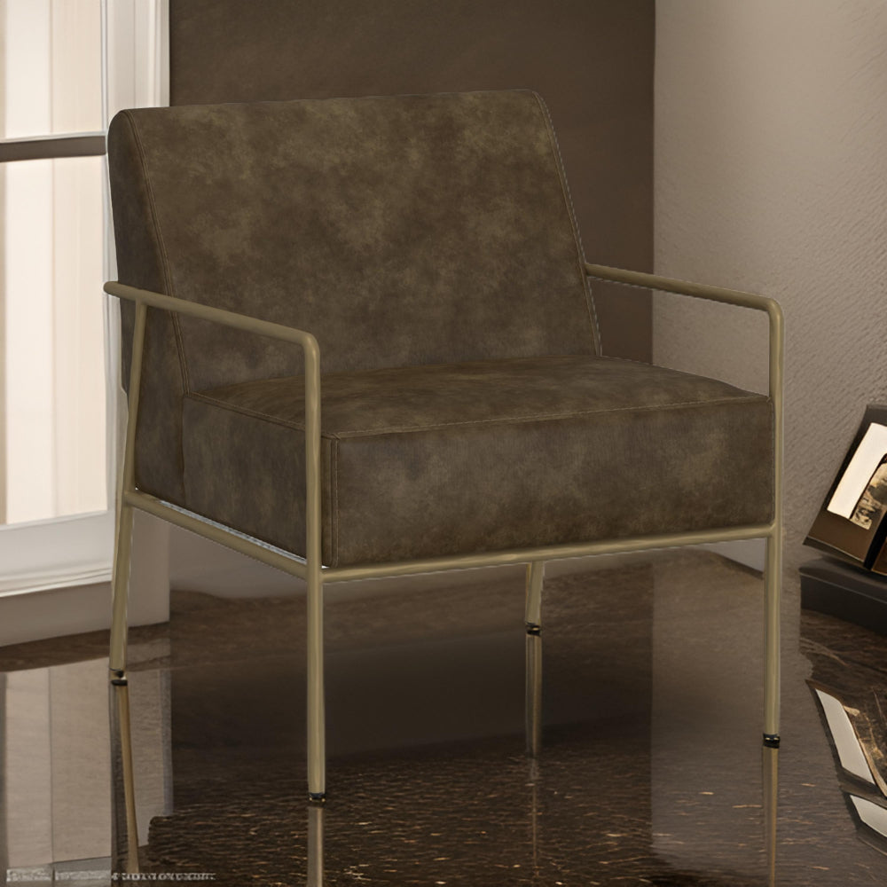 Zili Accent Chair, Brown Faux Leather, Plush Foam, Sleek Gold Metal Finish