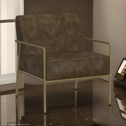 Zili Accent Chair, Brown Faux Leather, Plush Foam, Sleek Gold Metal Finish