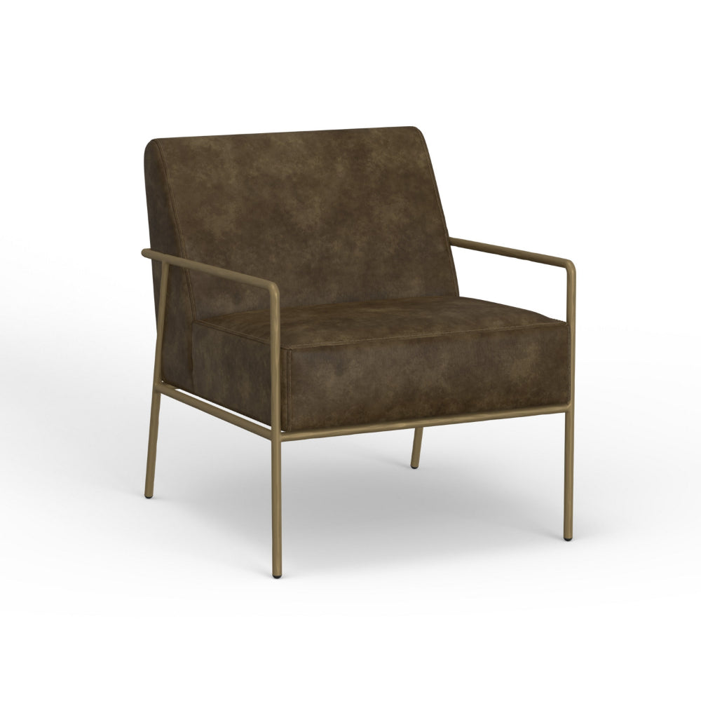 Zili Accent Chair, Brown Faux Leather, Plush Foam, Sleek Gold Metal Finish
