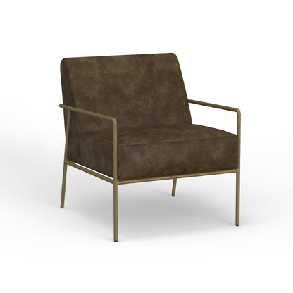 Zili Accent Chair, Brown Faux Leather, Plush Foam, Sleek Gold Metal Finish