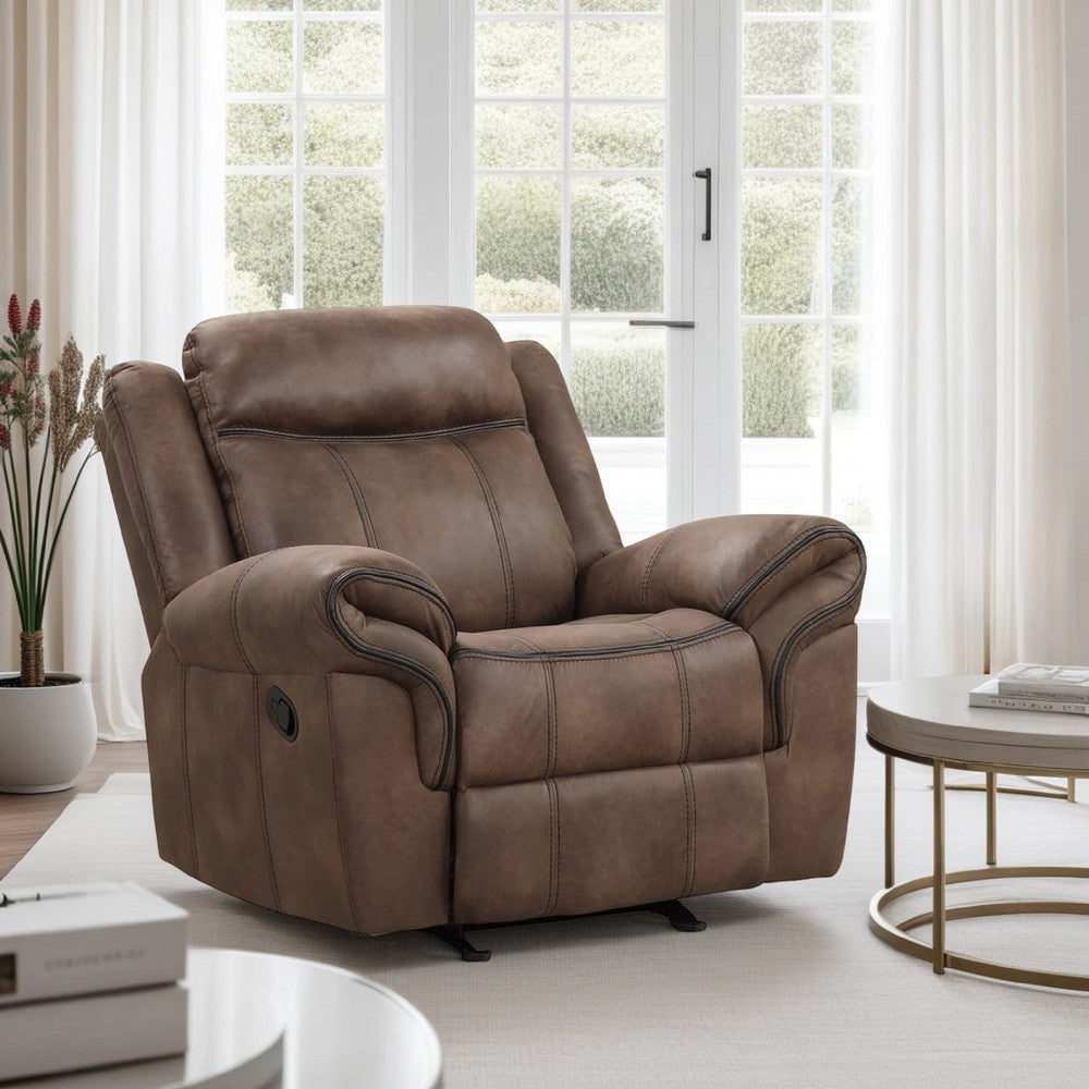 Arisa Manual Glider Recliner Chair, Brown Faux Leather, Pillow Arms
