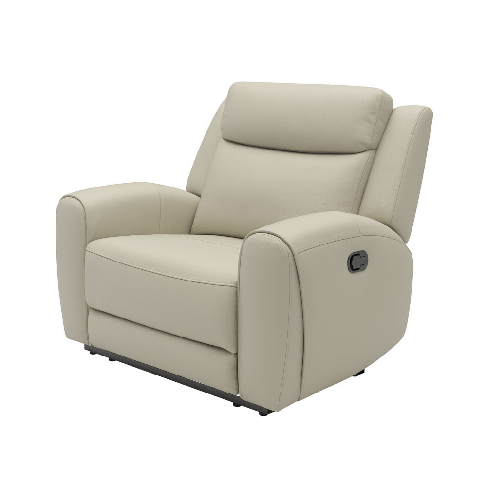 Cobe Manual Recliner Chair, Solid Wood and Soft Top Grain Beige Leather