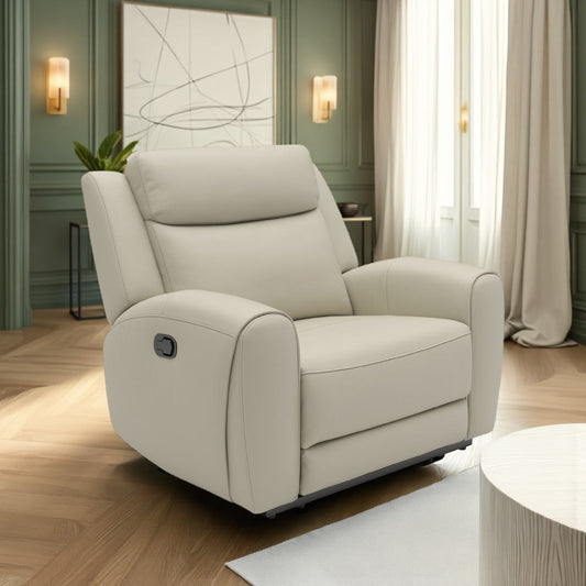 Cobe Manual Recliner Chair, Solid Wood and Soft Top Grain Beige Leather
