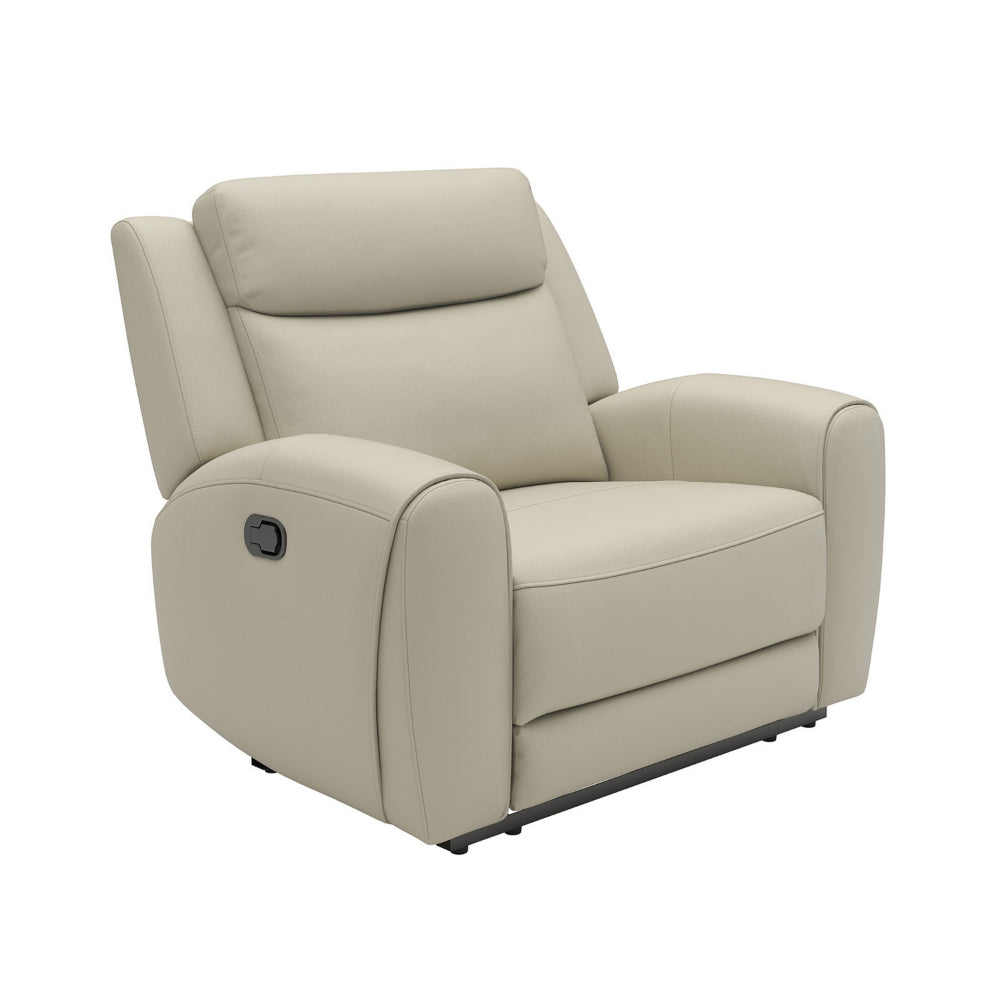 Cobe Manual Recliner Chair, Solid Wood and Soft Top Grain Beige Leather