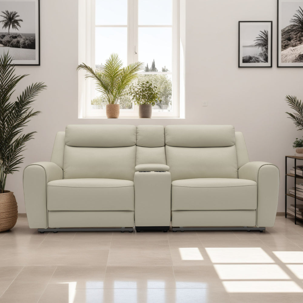 Cobe Manual Recliner Loveseat, 41 Inch, Center Console, Grain Beige Leather