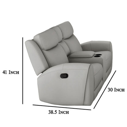 Cobe Manual Recliner Loveseat, 41 Inch, Center Console, Grain Gray Leather