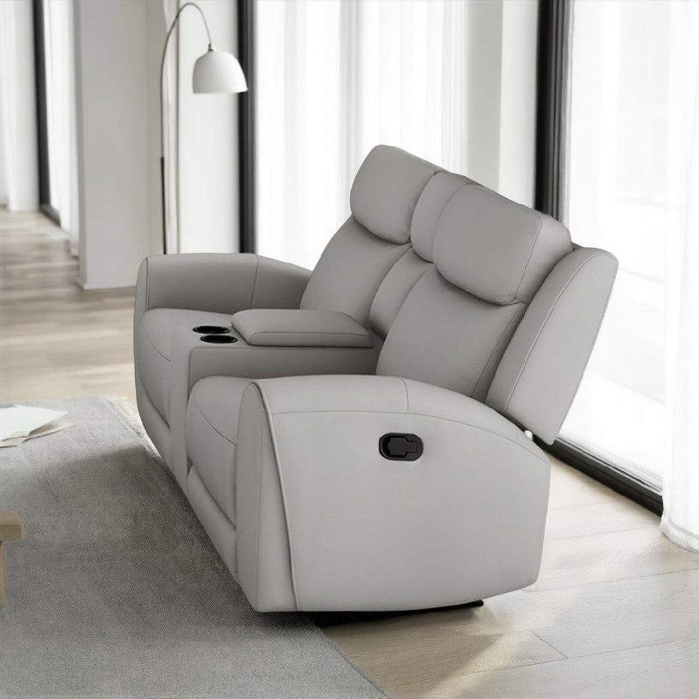 Cobe Manual Recliner Loveseat, 41 Inch, Center Console, Grain Gray Leather