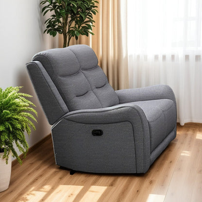 Clair Manual Recliner Loveseat, Scrolled Arms, 40 Inch, Solid Wood, Gray