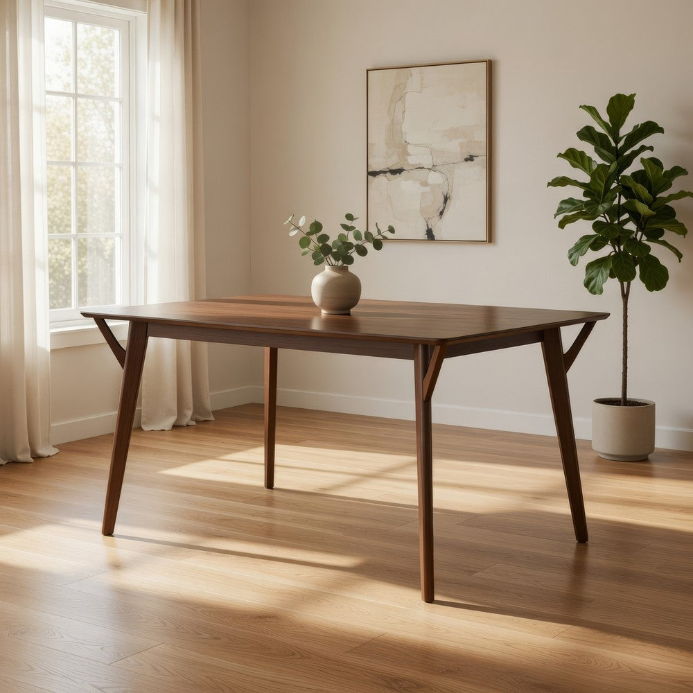 Skie Dining Table, 59 Inch Rectangular Top, Angled Legs, Brown Solid Wood