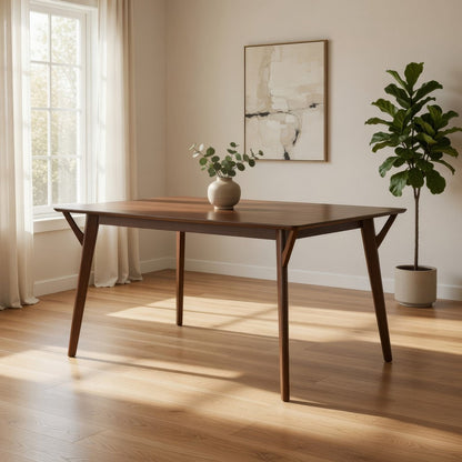 Skie Dining Table, 59 Inch Rectangular Top, Angled Legs, Brown Solid Wood