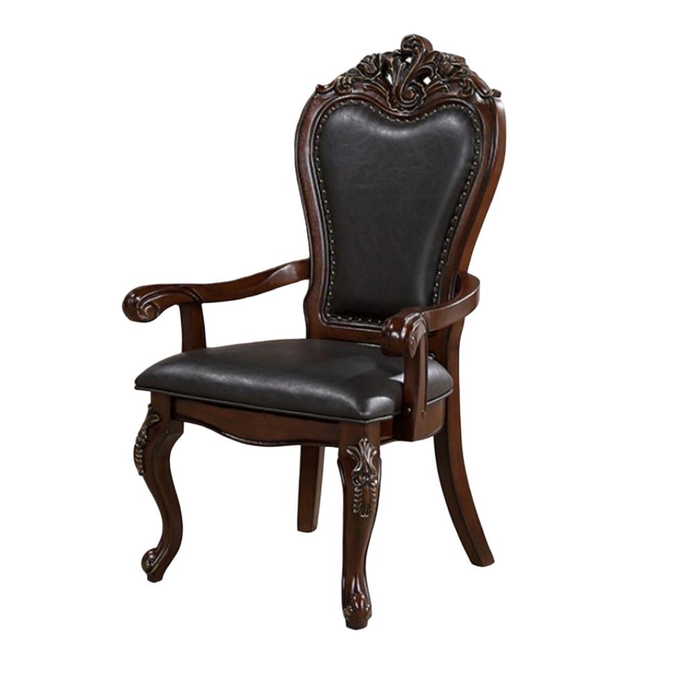 Zenie Dining Armchair Set of 2, Carved Cabriole, Faux Leather, Cherry Brown