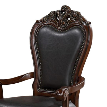 Zenie Dining Armchair Set of 2, Carved Cabriole, Faux Leather, Cherry Brown