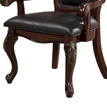 Zenie Dining Armchair Set of 2, Carved Cabriole, Faux Leather, Cherry Brown
