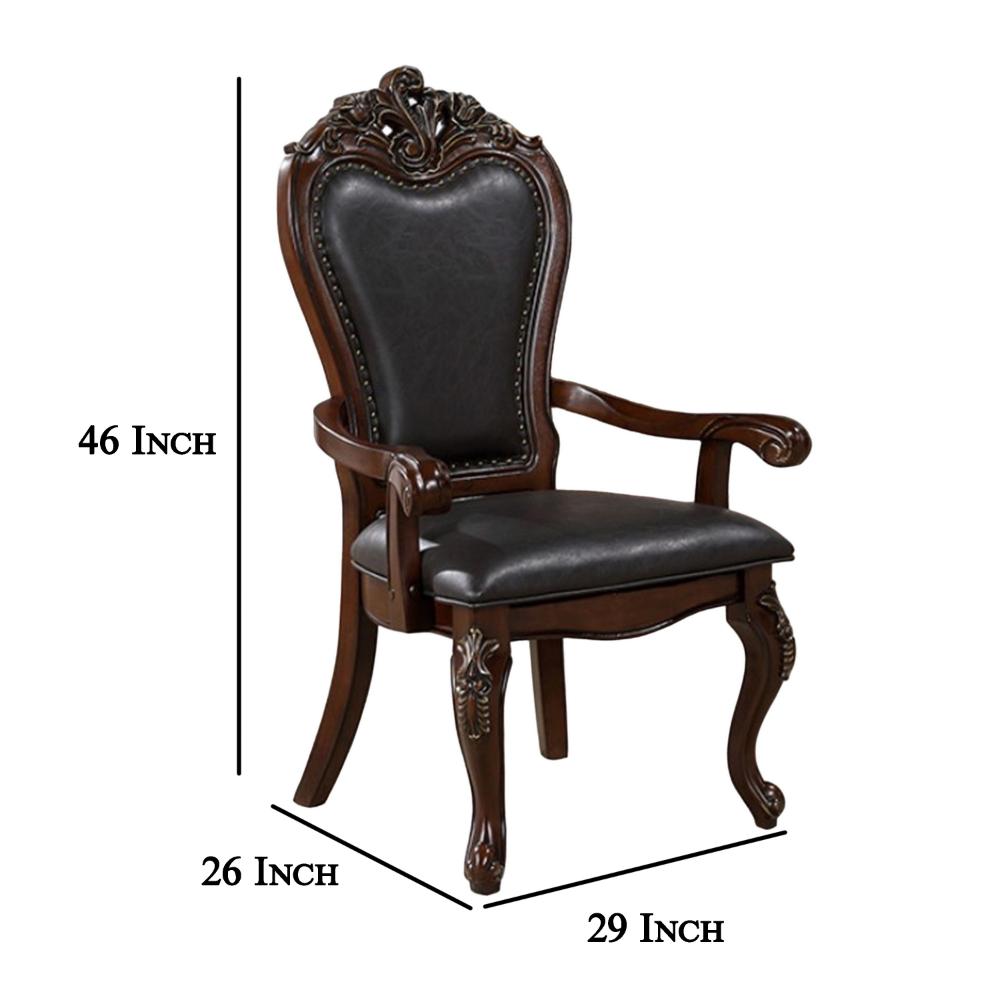 Zenie Dining Armchair Set of 2, Carved Cabriole, Faux Leather, Cherry Brown