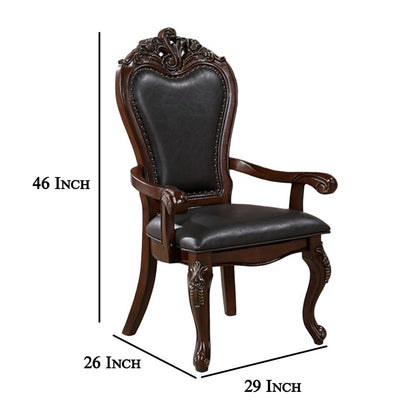 Zenie Dining Armchair Set of 2, Carved Cabriole, Faux Leather, Cherry Brown