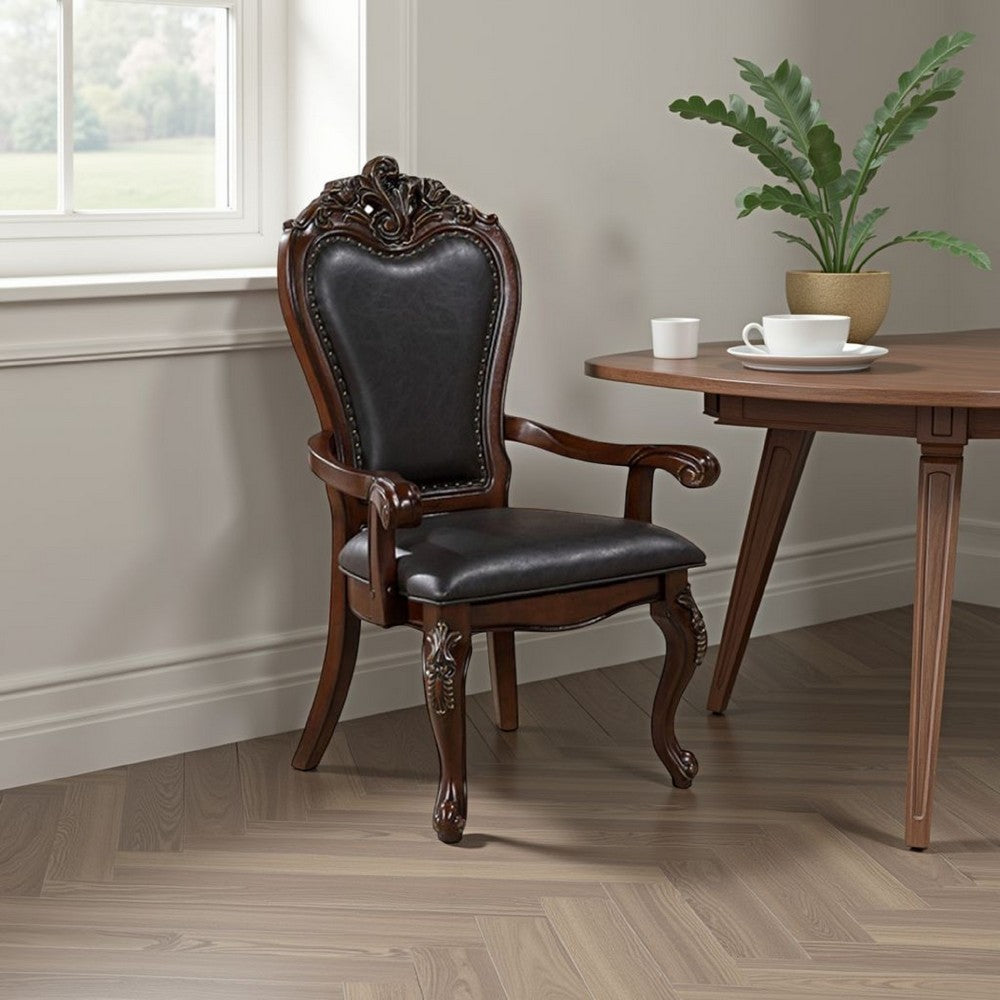 Zenie Dining Armchair Set of 2, Carved Cabriole, Faux Leather, Cherry Brown