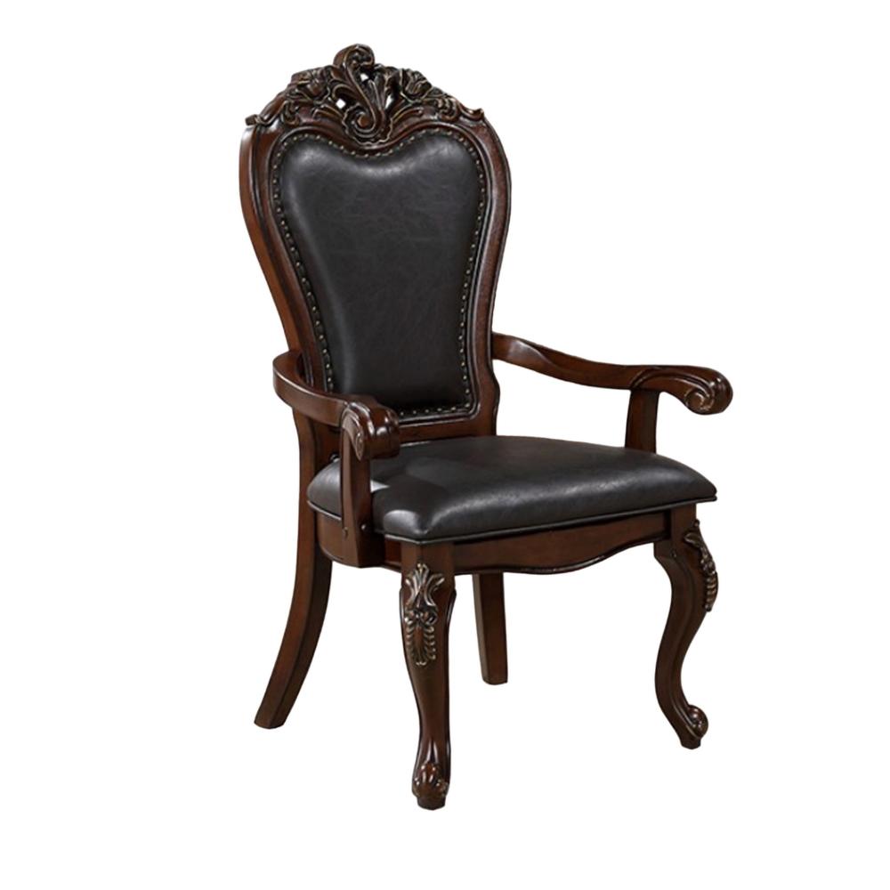 Zenie Dining Armchair Set of 2, Carved Cabriole, Faux Leather, Cherry Brown